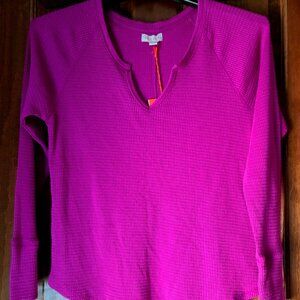 KNOX ROSE WOMEN'S RASPBERRY PINK LONG SLEEVE THERMAL ''WAFFLE'' SIZE LARGE VNECK